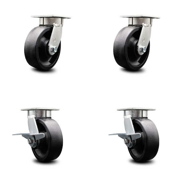 6 Inch Kingpinless Glass Filled Nylon Wheel Swivel Caster Set with 2 Brakes SCC